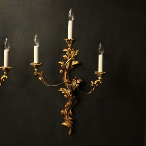 FRENCH LARGE PAIR OF GILTWOOD TRIPLE ARM ANTIQUE WALL LIGHTS - ADDITIONAL PHOTO 1