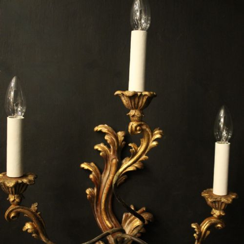 FRENCH LARGE PAIR OF GILTWOOD TRIPLE ARM ANTIQUE WALL LIGHTS - ADDITIONAL PHOTO 2