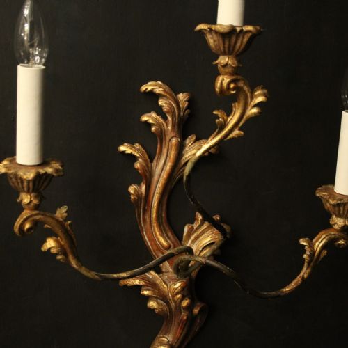 FRENCH LARGE PAIR OF GILTWOOD TRIPLE ARM ANTIQUE WALL LIGHTS - ADDITIONAL PHOTO 4