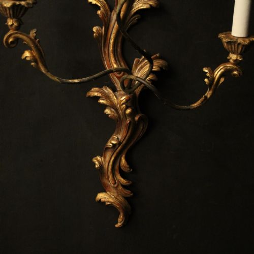 FRENCH LARGE PAIR OF GILTWOOD TRIPLE ARM ANTIQUE WALL LIGHTS - ADDITIONAL PHOTO 6
