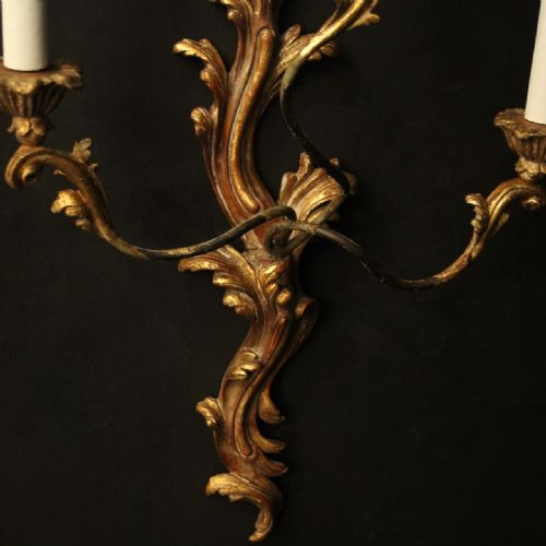 FRENCH LARGE PAIR OF GILTWOOD TRIPLE ARM ANTIQUE WALL LIGHTS - ADDITIONAL PHOTO 7