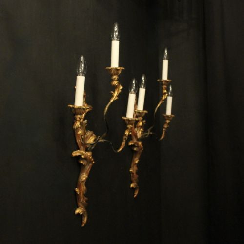 FRENCH LARGE PAIR OF GILTWOOD TRIPLE ARM ANTIQUE WALL LIGHTS - ADDITIONAL PHOTO 9