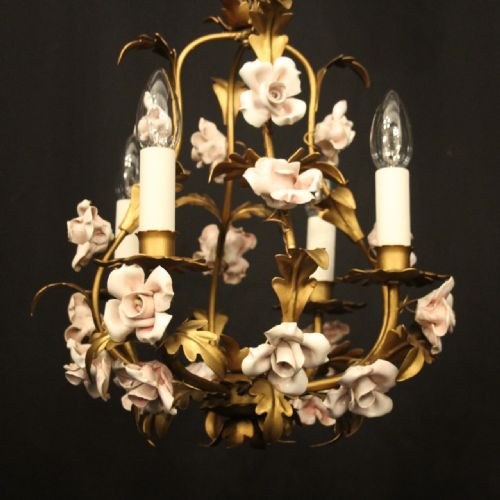 FRENCH TOLEWARE PORCELAIN 4 LIGHT FLOWER CHANDELIER - ADDITIONAL PHOTO 1