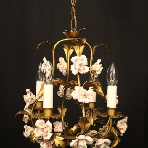 FRENCH TOLEWARE PORCELAIN 4 LIGHT FLOWER CHANDELIER - ADDITIONAL PHOTO 2