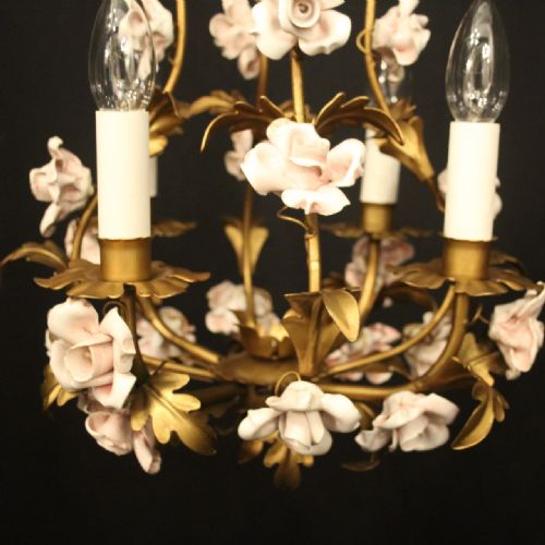 FRENCH TOLEWARE PORCELAIN 4 LIGHT FLOWER CHANDELIER - ADDITIONAL PHOTO 3