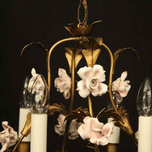 FRENCH TOLEWARE PORCELAIN 4 LIGHT FLOWER CHANDELIER - ADDITIONAL PHOTO 4