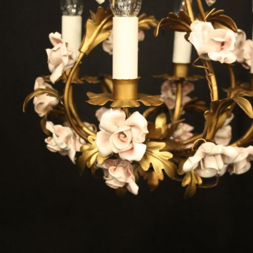 FRENCH TOLEWARE PORCELAIN 4 LIGHT FLOWER CHANDELIER - ADDITIONAL PHOTO 5