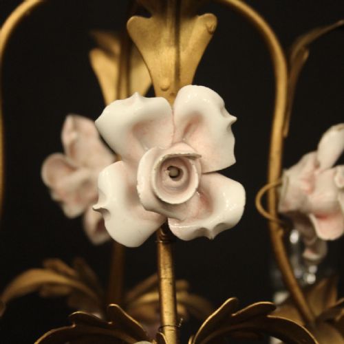 FRENCH TOLEWARE PORCELAIN 4 LIGHT FLOWER CHANDELIER - ADDITIONAL PHOTO 6