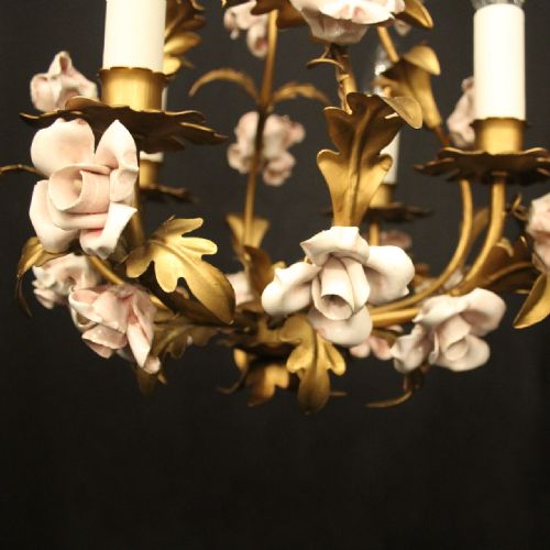 FRENCH TOLEWARE PORCELAIN 4 LIGHT FLOWER CHANDELIER - ADDITIONAL PHOTO 7