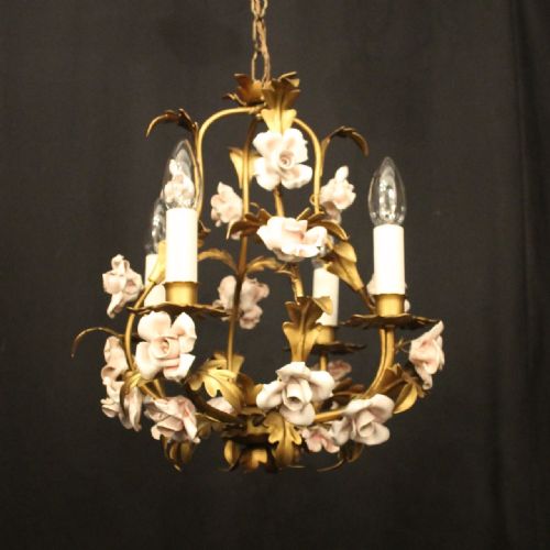FRENCH TOLEWARE PORCELAIN 4 LIGHT FLOWER CHANDELIER - ADDITIONAL PHOTO 8