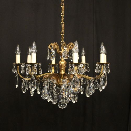 french gilded brass crystal 8 light antique chandelier - CATEGORY: ANTIQUE LIGHTING - DATED 1920