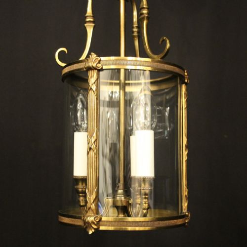 FRENCH GILDED TRIPLE LIGHT CONVEX ANTIQUE HALL LANTERN - ADDITIONAL PHOTO 1