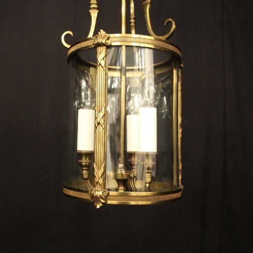 FRENCH GILDED TRIPLE LIGHT CONVEX ANTIQUE HALL LANTERN - ADDITIONAL PHOTO 2