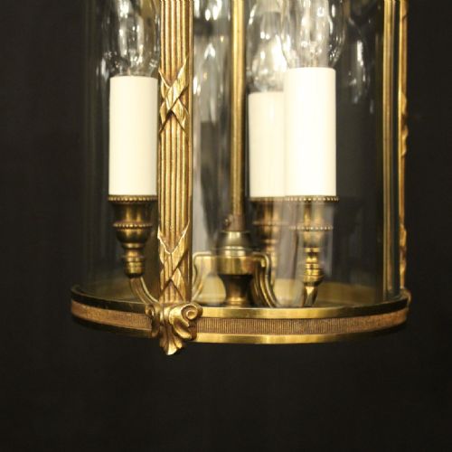 FRENCH GILDED TRIPLE LIGHT CONVEX ANTIQUE HALL LANTERN - ADDITIONAL PHOTO 3