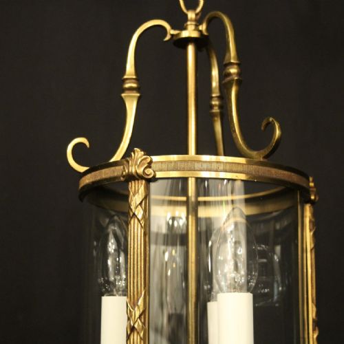 FRENCH GILDED TRIPLE LIGHT CONVEX ANTIQUE HALL LANTERN - ADDITIONAL PHOTO 5