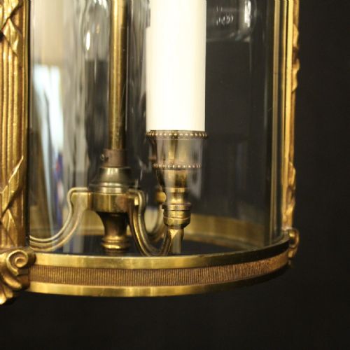 FRENCH GILDED TRIPLE LIGHT CONVEX ANTIQUE HALL LANTERN - ADDITIONAL PHOTO 6