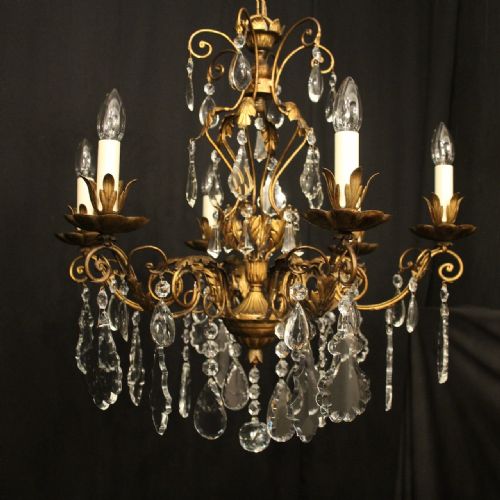 FRENCH TOLEWARE CRYSTAL 6 LIGHT CHANDELIER - ADDITIONAL PHOTO 4