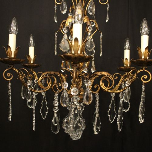 FRENCH TOLEWARE CRYSTAL 6 LIGHT CHANDELIER - ADDITIONAL PHOTO 7