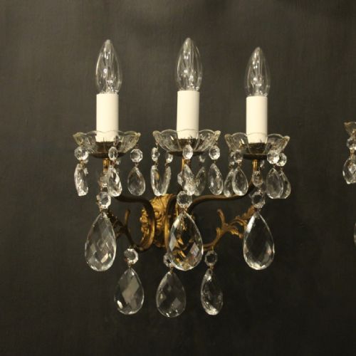 FRENCH PAIR TRIPLE ARM GILDED BRASS ANTIQUE WALL LIGHTS - ADDITIONAL PHOTO 1