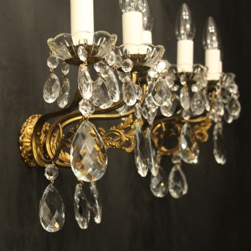 FRENCH PAIR TRIPLE ARM GILDED BRASS ANTIQUE WALL LIGHTS - ADDITIONAL PHOTO 3
