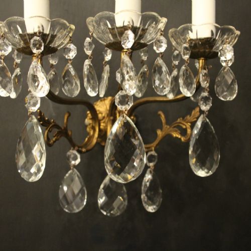 FRENCH PAIR TRIPLE ARM GILDED BRASS ANTIQUE WALL LIGHTS - ADDITIONAL PHOTO 4