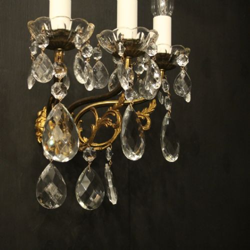 FRENCH PAIR TRIPLE ARM GILDED BRASS ANTIQUE WALL LIGHTS - ADDITIONAL PHOTO 5