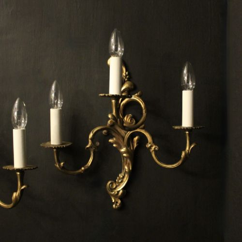 FRENCH PAIR OF GILDED BRASS TRIPLE ARM ANTIQUE WALL LIGHTS - ADDITIONAL PHOTO 2