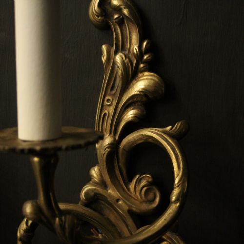 FRENCH PAIR OF GILDED BRASS TRIPLE ARM ANTIQUE WALL LIGHTS - ADDITIONAL PHOTO 6