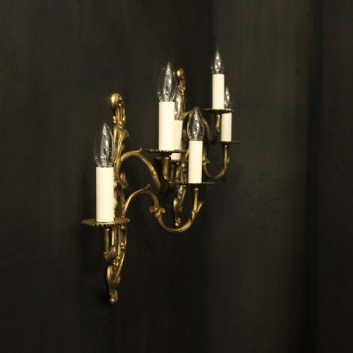 FRENCH PAIR OF GILDED BRASS TRIPLE ARM ANTIQUE WALL LIGHTS - ADDITIONAL PHOTO 9
