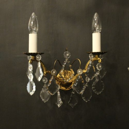 FRENCH GILDED CRYSTAL TWIN ARM ANTIQUE WALL LIGHTS - ADDITIONAL PHOTO 2