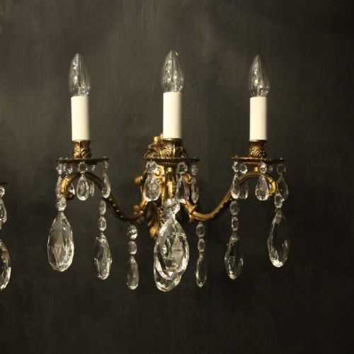 FRENCH PAIR GILDED BRONZE TRIPLE ARM ANTIQUE WALL LIGHTS - ADDITIONAL PHOTO 1