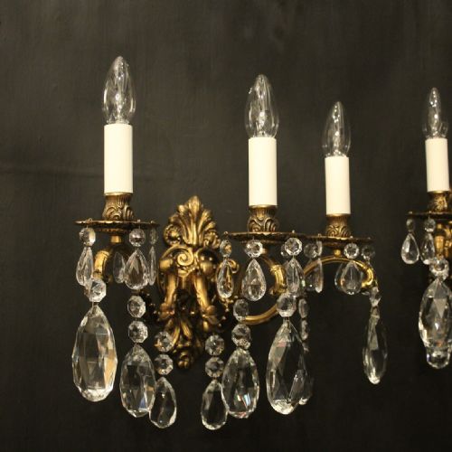FRENCH PAIR GILDED BRONZE TRIPLE ARM ANTIQUE WALL LIGHTS - ADDITIONAL PHOTO 4