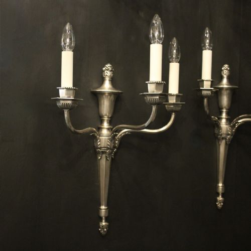 ENGLISH PAIR OF SILVERED TRIPLE ARM ANTIQUE WALL LIGHTS - ADDITIONAL PHOTO 1