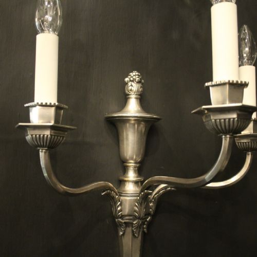 ENGLISH PAIR OF SILVERED TRIPLE ARM ANTIQUE WALL LIGHTS - ADDITIONAL PHOTO 3