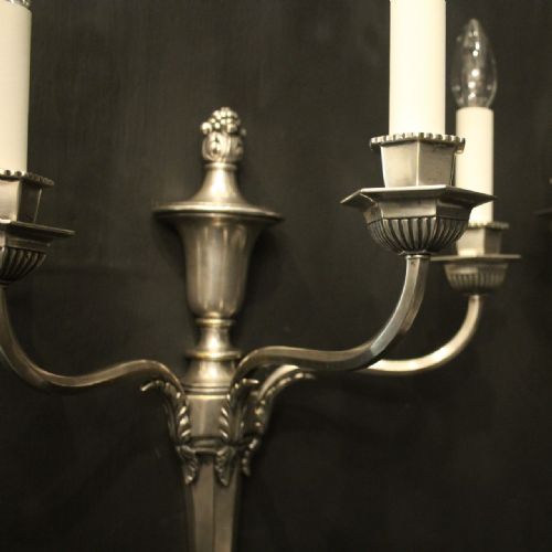 ENGLISH PAIR OF SILVERED TRIPLE ARM ANTIQUE WALL LIGHTS - ADDITIONAL PHOTO 4