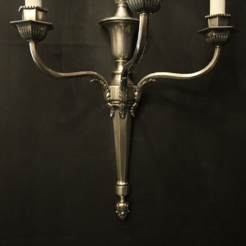 ENGLISH PAIR OF SILVERED TRIPLE ARM ANTIQUE WALL LIGHTS - ADDITIONAL PHOTO 5