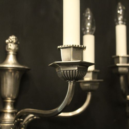 ENGLISH PAIR OF SILVERED TRIPLE ARM ANTIQUE WALL LIGHTS - ADDITIONAL PHOTO 6