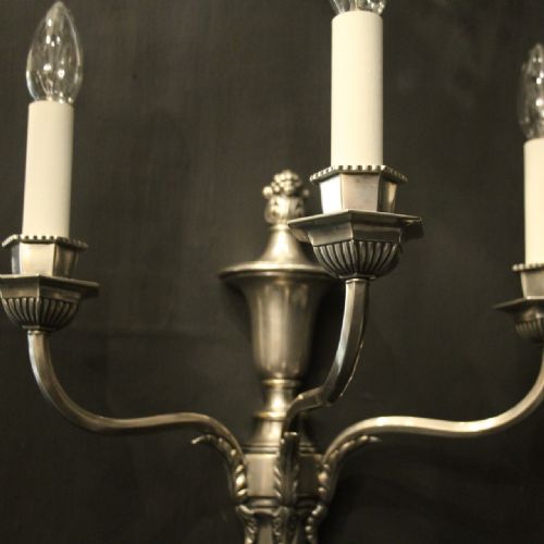 ENGLISH PAIR OF SILVERED TRIPLE ARM ANTIQUE WALL LIGHTS - ADDITIONAL PHOTO 7