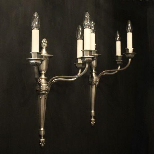ENGLISH PAIR OF SILVERED TRIPLE ARM ANTIQUE WALL LIGHTS - ADDITIONAL PHOTO 9