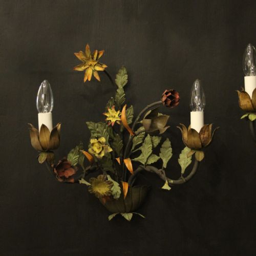 FRENCH PAIR OF TOLEWARE FLORAL TWIN ARM WALL LIGHTS - ADDITIONAL PHOTO 1