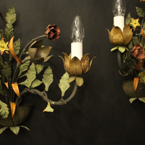 FRENCH PAIR OF TOLEWARE FLORAL TWIN ARM WALL LIGHTS - ADDITIONAL PHOTO 3
