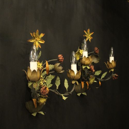 FRENCH PAIR OF TOLEWARE FLORAL TWIN ARM WALL LIGHTS - ADDITIONAL PHOTO 9