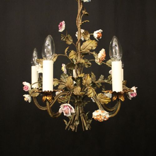 FRENCH FLORAL TOLEWARE FIVE LIGHT CHANDELIER - ADDITIONAL PHOTO 1
