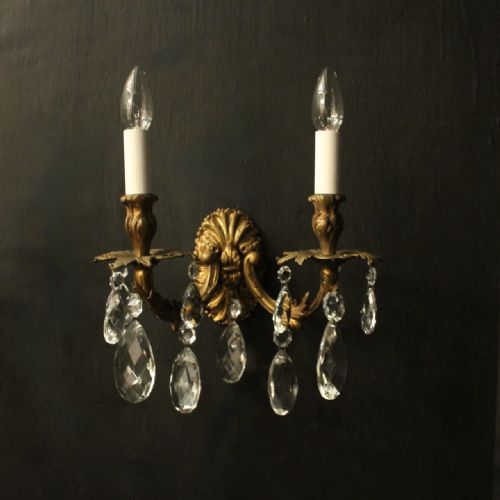 FRENCH PAIR GILDED BRONZE TWIN ARM ANTIQUE WALL LIGHTS - ADDITIONAL PHOTO 1