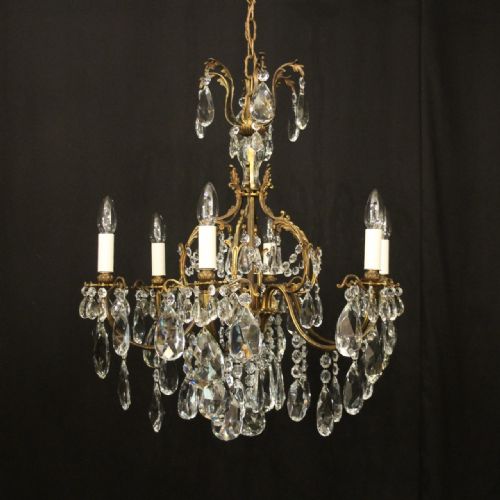 french gilded crystal 6 light antique chandelier - CATEGORY: ANTIQUE LIGHTING - DATED 1920
