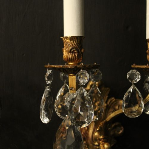 FRENCH PAIR GILDED TWIN ARM ANTIQUE WALL LIGHTS - ADDITIONAL PHOTO 1