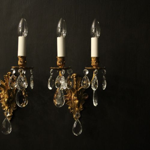 FRENCH PAIR GILDED TWIN ARM ANTIQUE WALL LIGHTS - ADDITIONAL PHOTO 2
