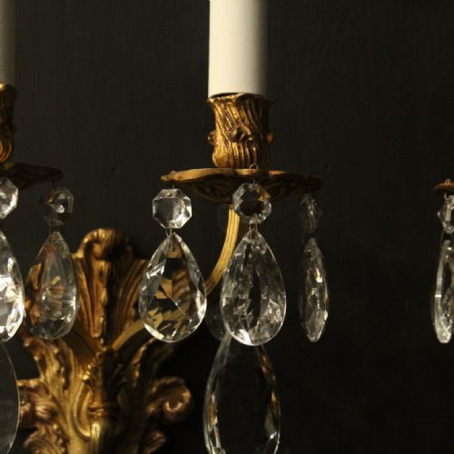 FRENCH PAIR GILDED TWIN ARM ANTIQUE WALL LIGHTS - ADDITIONAL PHOTO 3