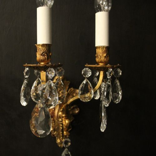 FRENCH PAIR GILDED TWIN ARM ANTIQUE WALL LIGHTS - ADDITIONAL PHOTO 4