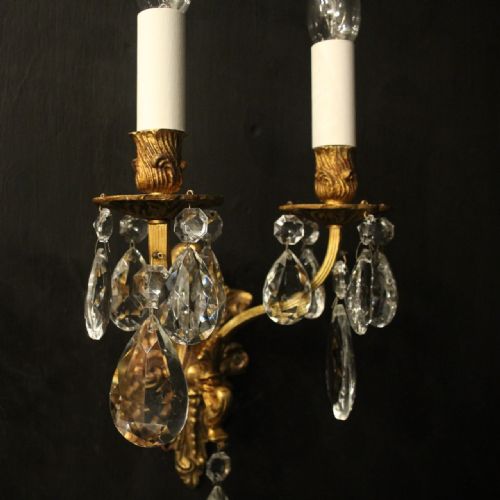 FRENCH PAIR GILDED TWIN ARM ANTIQUE WALL LIGHTS - ADDITIONAL PHOTO 6